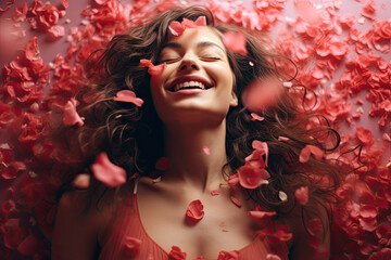 Portrait of a beautiful girl with rose rep petals as confetti around  - obrazy, fototapety, plakaty