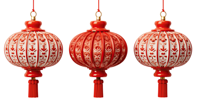 Three Red Lanterns Hanging from a String . Chinese new year . 
