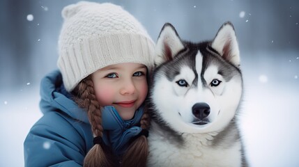 Photo of friendship between a child and a Siberian husky puppy with blue eyes on a winter walk