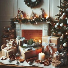 Christmas gifts in front of a fireplace with festive holiday decorations in Scandinavian style
