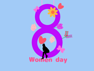 Women day greeting card  on march 8 with number eight and flower , heart, butterfly, silhouette woman illustration design