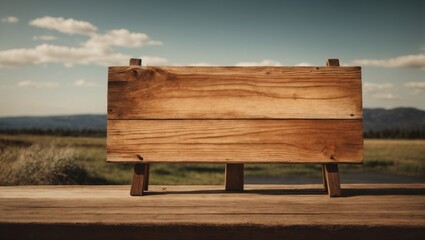 Wooden signboard on a wooden table in front of a mountain landscape