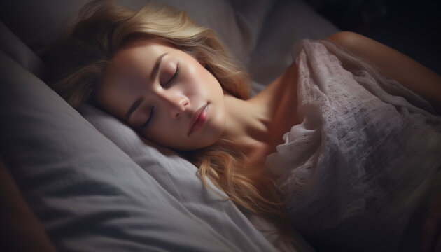 Beautiful young woman sleeping in bed at night 