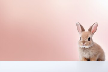Fototapeta premium Cute easter bunny on a pink background with copy space.