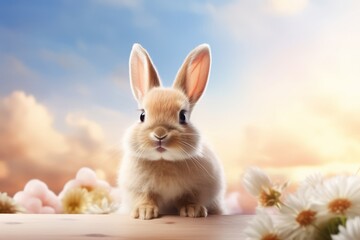 Cute easter bunny on a blue sky background outdoor in nature with copy space.
