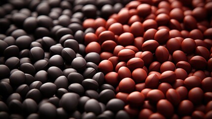 A close up of two different colored beans and a pile of them, AI