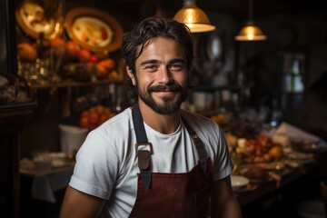 A man with a warm smile and a bushy beard stands proudly in his restaurant kitchen, wearing a crisp apron over his button-up shirt as he prepares delicious food against the backdrop of a colorful wal - obrazy, fototapety, plakaty