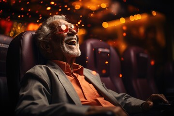 A man sits in the dark theater, his face illuminated by the flickering screen as he laughs joyfully at the movie, his stylish clothing adding to the atmosphere of the indoor space
