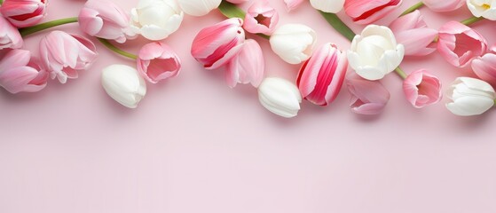 An arrangement of pastel white and pink tulip flowers creating a frame around an image with copy space.