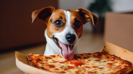 A Jack Russell dog looks at a piece of pizza with appetite. With an open mouth, the puppy wants to...