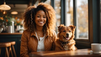 young African American woman smiling in a cafe with a dog - Powered by Adobe
