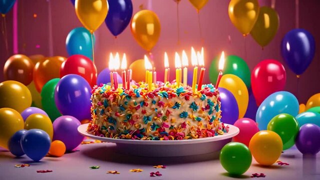 birthday cake with candles and balloons