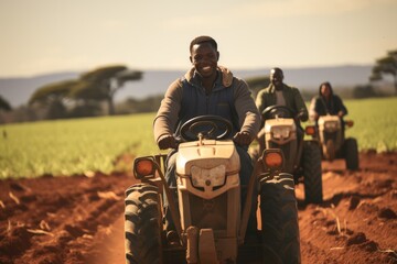 African men on tractor on field. Generative AI.