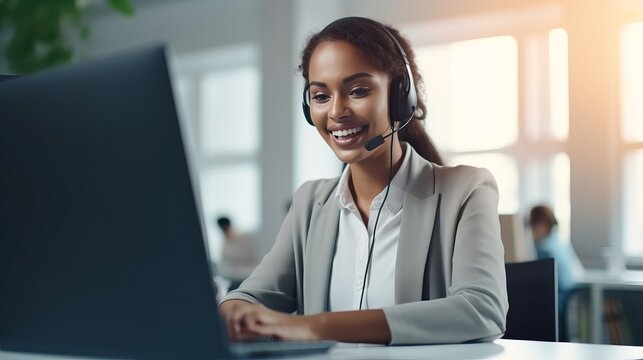 Professional, cheerful customer service representative with headset working on computer in modern office.