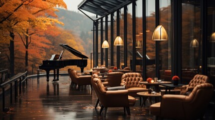 Fototapeta na wymiar Modern cafe on a rainy autumn day. Generative AI.