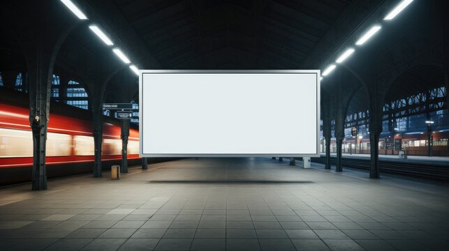 Blank billboard on the wall of the train station with empty space. Generative AI.