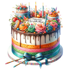 birthday cake with candles illustration cut out transparent isolated on white background ,PNG file