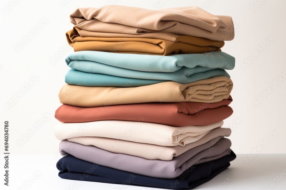 Poster stack of clean clothes, clean laundry isolated on white background, minimal style. generative ai.