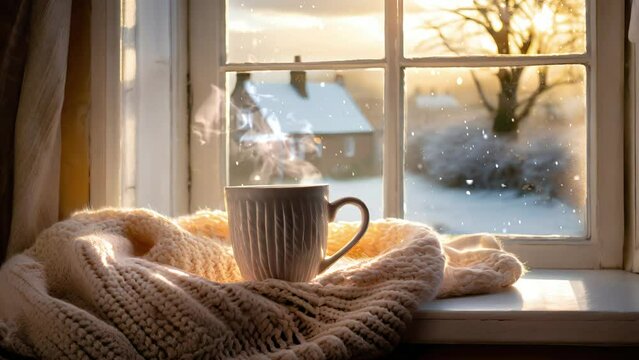 Atmosphere holiday festive a creating, cottage countryside English an in window a near blanket knitted a and mug coffee or tea of cup warm a home cozy and calm evening, holidays winter