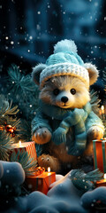 teddy bear bundled for cold weather in the snow surrounded by presents, genrative ai