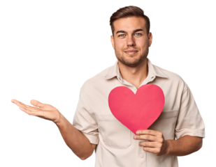 Young man holding a heart showing a copy space on a palm and holding another hand on waist.