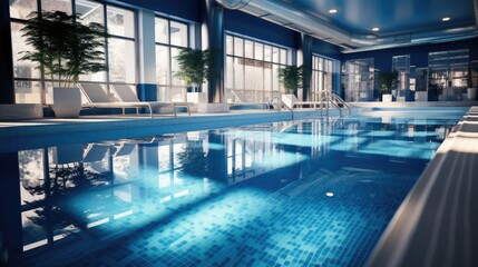 Obraz na płótnie Canvas Luxury indoor swimming pool with dark blue and light blue decoration. Generative AI.