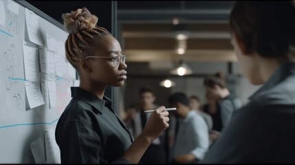 Black Young Woman Explaining Sales Growth Plan to a Diverse Team of Multiethnic People Using a Glass Board and a Marker. Female Specialist Using Mindmapping Technique to Brainstorm with Team at Office