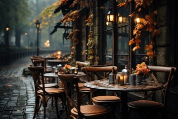 Under the autumn night sky, a charming outdoor dining experience awaits at the street-side cafe with a cozy coffee table and chairs - obrazy, fototapety, plakaty