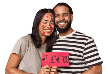 Young Latin couple with heart stickers, joyful, Valentine's