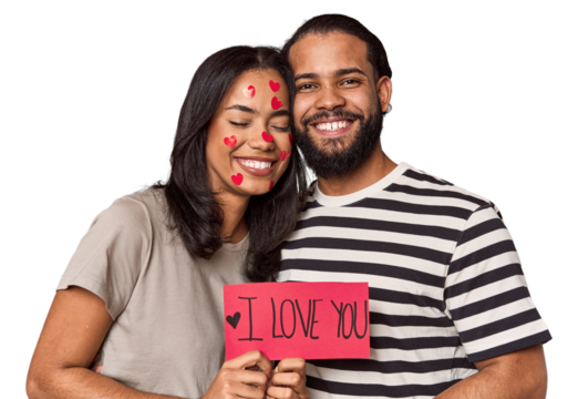 Young Latin couple with heart stickers, joyful, Valentine's
