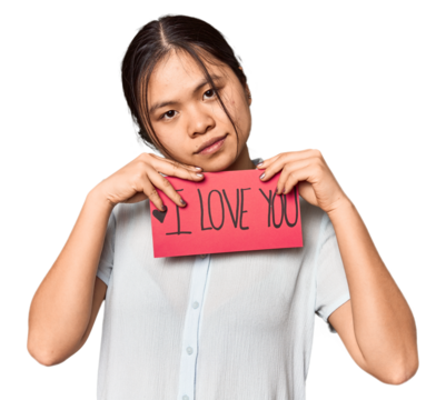Young Chinese woman with I Love You Valentine's sign