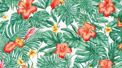 Fototapete Rund Seamless pattern with tropical leaves and hibiscus flowers. © wannasak