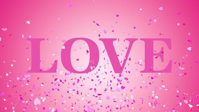 Texte LOVE et explosions de confettis sur fond rose