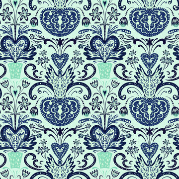 Seamless pattern, ornament for Valentine's day, sketch in turquoise blue colors. Digital illustration. Accessories for interior design, wallpaper, fabrics, clothing, stationery.