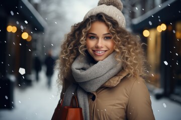 Beautiful smiling girl holding shopping bags in winter. Generative AI. - obrazy, fototapety, plakaty