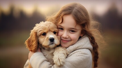 Photo of a little girl with pigtails hugging her red puppy, friendship with a pet