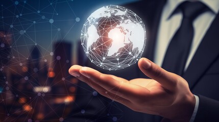 a businessman holding a glowing hologram earth in his hand