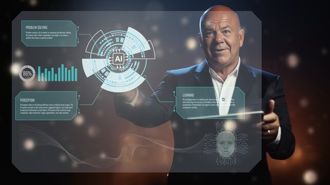 a businessman presenting new AI technology in front of a hologram screen with graphs and data related to AI