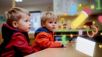 two young boys are learning in front of a hologram screen