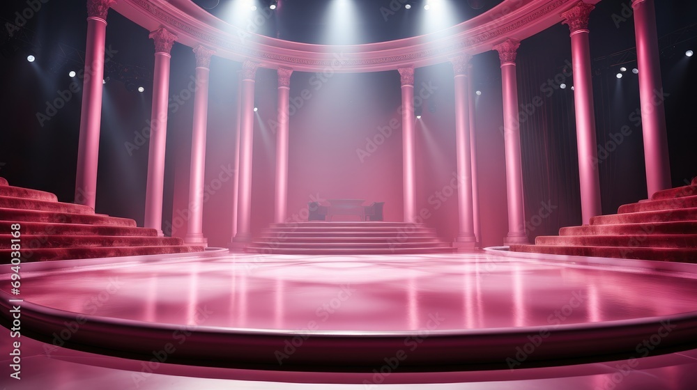Poster a stage with light and a spotlight on a pink background. generative ai.