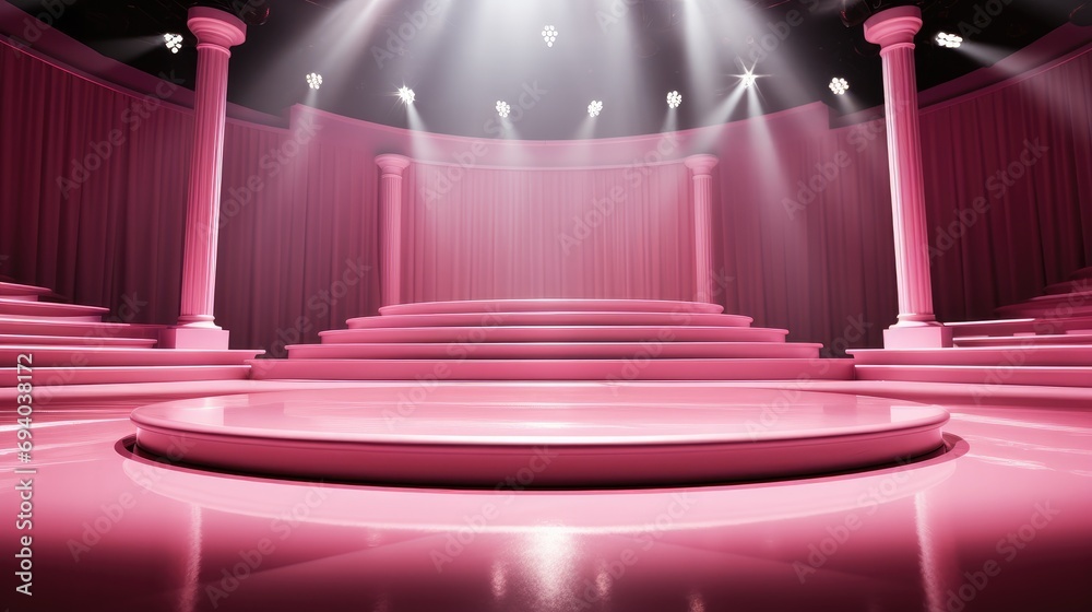 Poster a stage with light and a spotlight on a pink background. generative ai.