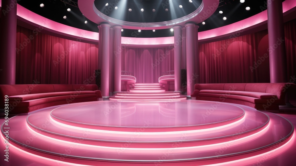 Poster a stage with light and a spotlight on a pink background. generative ai.