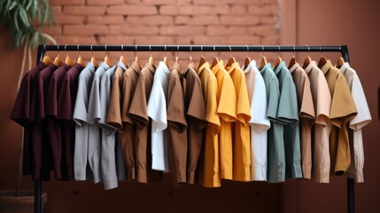 Rack with clean shirts near wall in clothing shop. Generative AI.