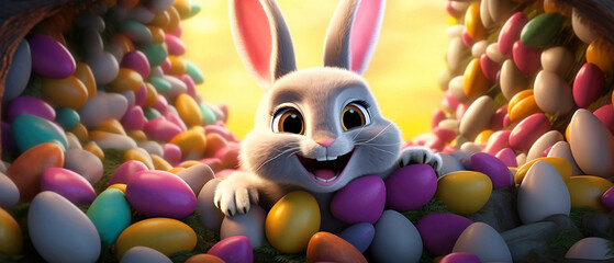 cute, smiling Easter bunny joyfully breaks through an Easter egg wall, adding whimsy and delight to the festive celebration