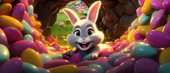 cute, smiling Easter bunny joyfully breaks through an Easter egg wall, adding whimsy and delight to the festive celebration
