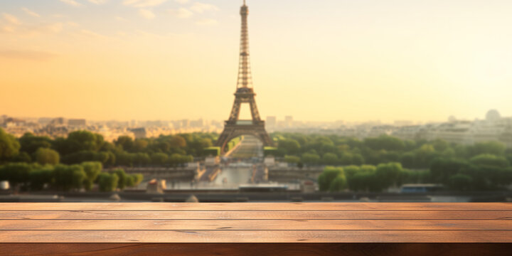 Empty wooden table for product display with France, Paris city skyline and Eiffel Tower background