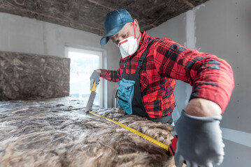 Ceiling insulation. Cutting a thermal insulation from glass wool using a knife for stone wool....