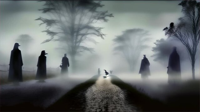 silhouettes of people walking along a cobblestone path in a fog-dense park. The eerie atmosphere is enhanced by bare trees and the mist crawling along the ground, creating a mystical scene.