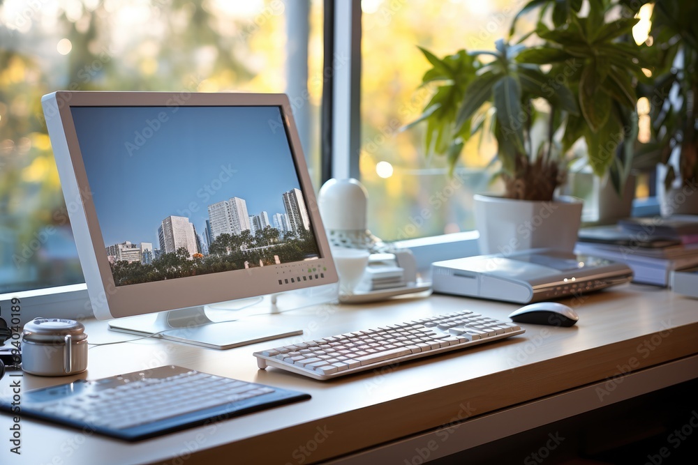 Poster Computer and keyboard on the desk. Generative AI.