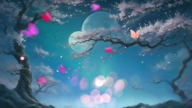 butterflies in sakura tree moonlight